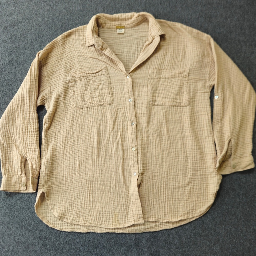 Magaschoni Button Shirt M Tan Organic Cotton Gauze Diane Keaton Coastal Grandma